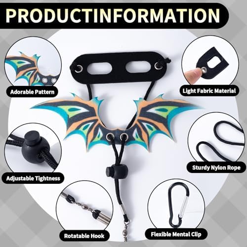 Detailed layout of the six piece reptile harness set including two colorful wings and two secure nylon leashes.