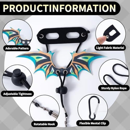 Detailed layout of the six piece reptile harness set including two colorful wings and two secure nylon leashes.