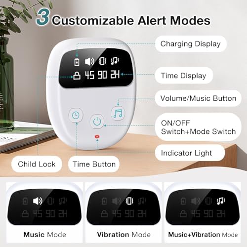 Bedwetting alarm receiver showing 3 alert modes and LCD timer display.