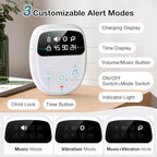 Bedwetting alarm receiver showing 3 alert modes and LCD timer display.
