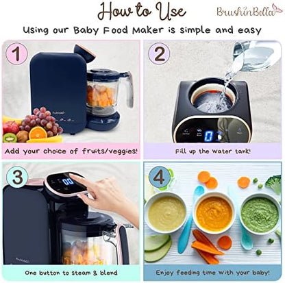 BrushinBella puree machine blending fruits into smooth infant food texture