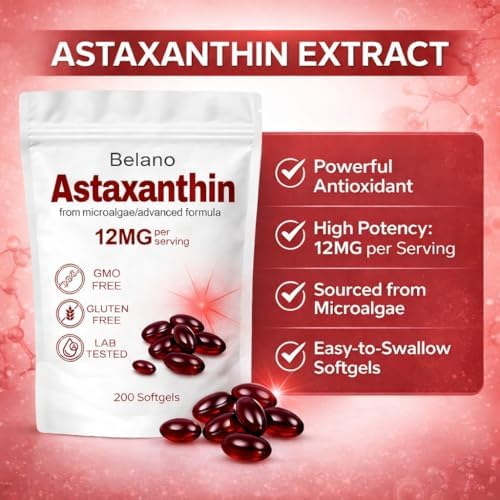 Belano's Astaxanthin supplement packaging showing microalgae source information