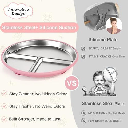 Three pack of divided stainless steel plates with silicone bases
