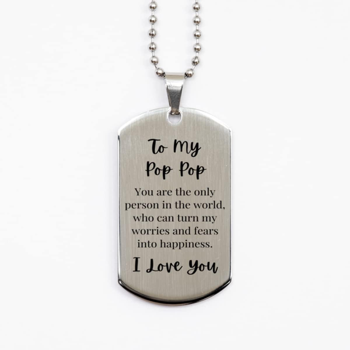 Generic To My Pop Pop Silver Dog Tag Necklace front view authentic imported sentimental grandfather jewelry gift