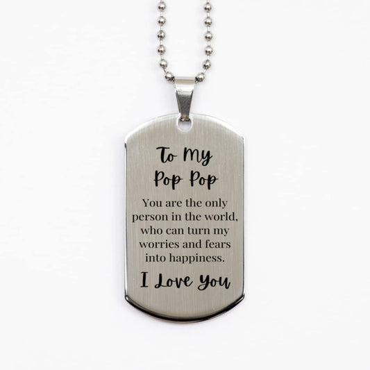 Generic To My Pop Pop Silver Dog Tag Necklace front view authentic imported sentimental grandfather jewelry gift