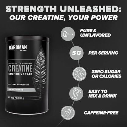 Birdman Creatine container showing 80 servings label