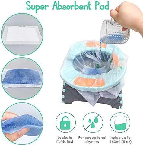 SUNDEE toddler travel toilet liners showing large capacity dimensions for universal fit