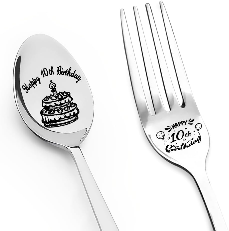 Sisadodo Happy 10th Birthday engraved spoon and fork set front view premium milestone keepsake cutlery