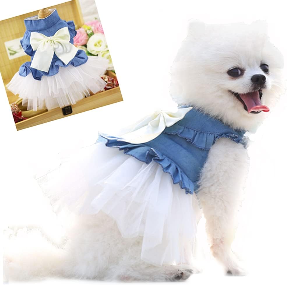 ANIAC Embroidered Dog Dress for Small Dog,Girl Puppy Princess Tutu Dress with Leash Ring,Cat Apparel,Chihuahua Yorkie Clothes for Birthday Wedding (Small, Champagne) - Image 11