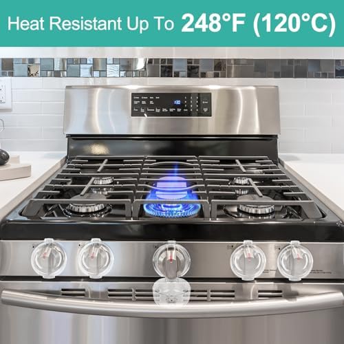 GRENFU Stove Knob Safety Covers (5 + 1 Pack) - Double-Key, Universal Size Gas Stove Knob Locks with Strong Double-Sided Tape, Heat-Resistant Oven Knob Covers for Child Safety/Pet Safety, Clear View - Image 5