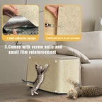 Demonstration of trimming the adhesive cat scratch mat with scissors for couch protection.