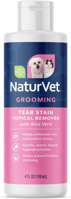 NaturVet dog and cat tear stain grooming supplement showing safety instructions.