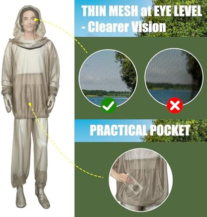 Model wearing Homeya net suit for camping