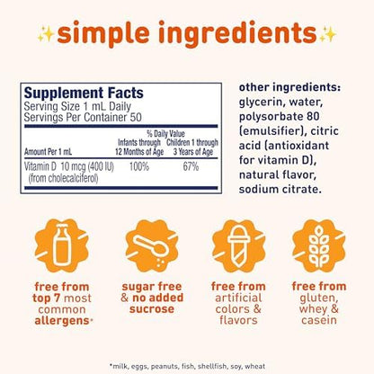 Back label of Enfamil D Vi Sol liquid showing supplement facts and usage instructions