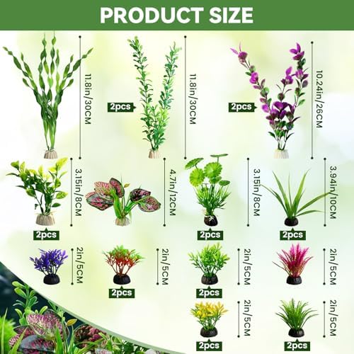 Assorted styles of non-toxic fake plants creating safe hiding spots for fish inside an aquarium setup.