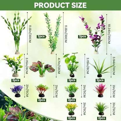 Assorted styles of non-toxic fake plants creating safe hiding spots for fish inside an aquarium setup.
