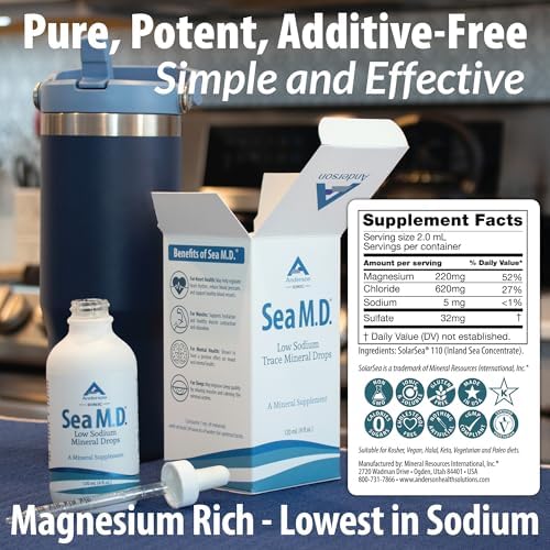 Full product packaging of Anderson Sea MD Concentrated Trace Minerals highlighting seventy nine essential ionic minerals