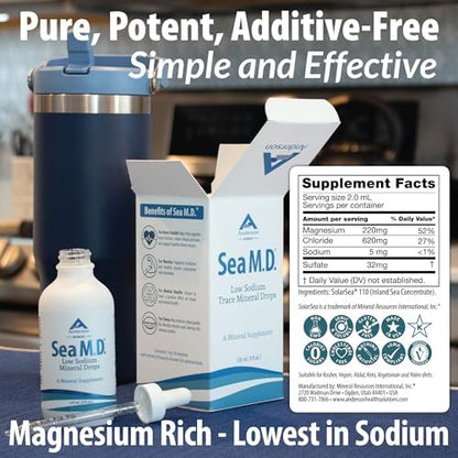 Full product packaging of Anderson Sea MD Concentrated Trace Minerals highlighting seventy nine essential ionic minerals