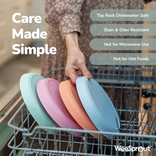 Side view of nesting WeeSprout dinnerware for easy storage