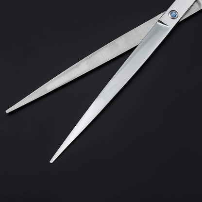 Purple Dragon stainless steel pet grooming scissors showcasing the sharp convex blade edge