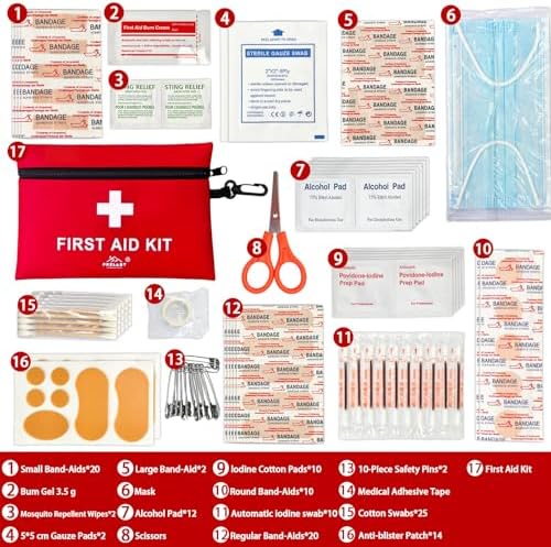 Open travel size medical kit showing organized 152 piece contents