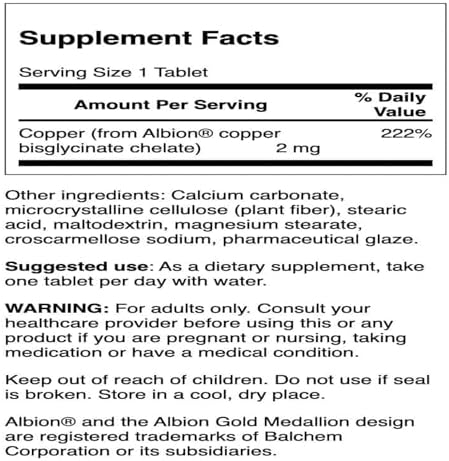 Swanson Albion Copper bisglycinate chelate supplement facts side panel