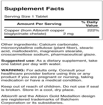 Swanson Albion Copper bisglycinate chelate supplement facts side panel