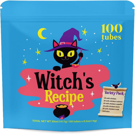 Witch's Recipe lickable cat treats 100 tubes variety pack front view