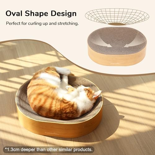 Side angle of the FUKUMARU cat scratching box displaying the heavy-duty enclosed base that prevents debris leaks.