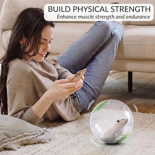 Imported clear plastic pet fitness ball showing packaging dimensions and vibrant green caps
