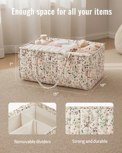 Side view of Blissful Diary daisy print diaper caddy with dividers