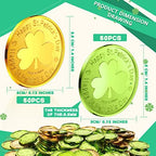 Close up view of the embossed three leaf clover pattern on the plastic coins.