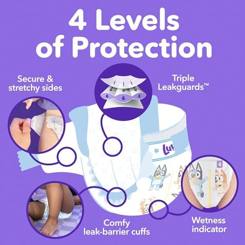 Luvs disposable baby diapers packaging showing triple leakguard protection details