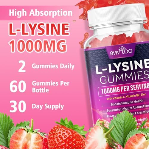 Side profile of Bvivloo L-Lysine gummy bottle highlighting vegan and sugar-free badges.