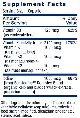Life Extension vitamins D and K with sea iodine sixty capsule count bottle isolated on clean e-commerce background