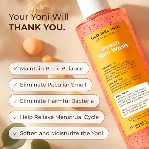 Back label of Glo Melanin peach wash listing natural botanical ingredients.