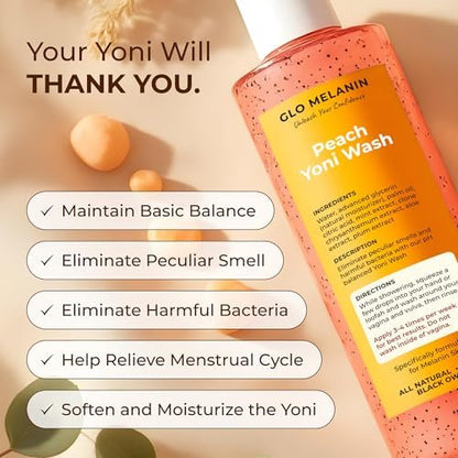 Back label of Glo Melanin peach wash listing natural botanical ingredients.
