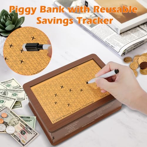 Folencer educational money box being marked with the included erasable progress tracking pen.