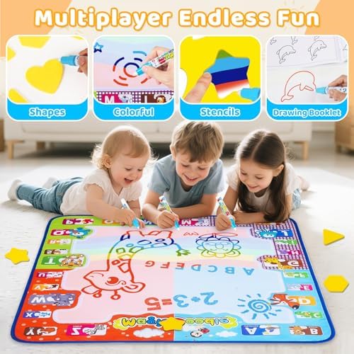 Toddlers using the water doodle mat showing neon drawings appearing on the white canvas area