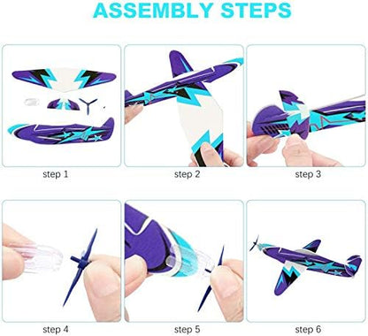 Joygogo 8 inch airplane toys arranged to demonstrate the eight unique colorful designs included in the party favor box.