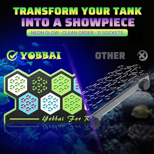 YOBBAI reef safe magnetic shelf glowing under blue marine LED lighting inside a saltwater tank
