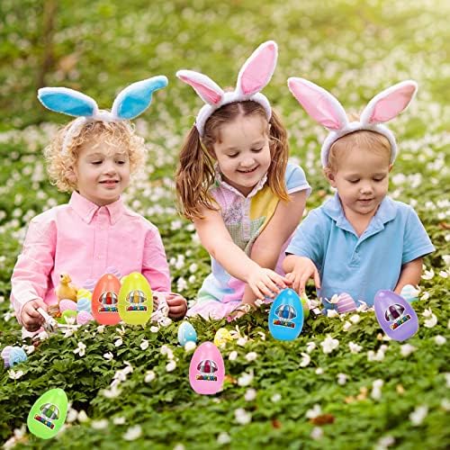 Six individual colorful plastic eggs packed together as a complete holiday basket stuffer gift set.