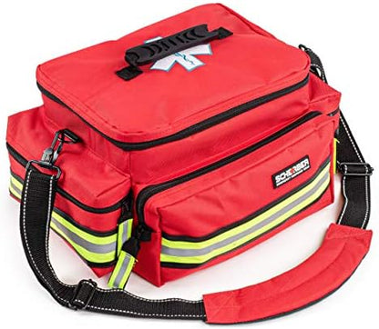 Open view of Scherber EMT bag displaying 221 pieces of medical supplies and organizational loops.