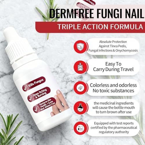 Dermfree Toenail Renewal Serum showing the quick dry non sticky liquid texture on a clean surface.