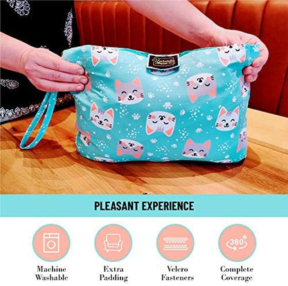 Padded toddler shopping trolley seat liner with integrated transparent smartphone pocket view.
