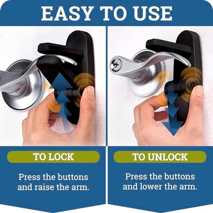 Close up of black door lever safety lock on handle