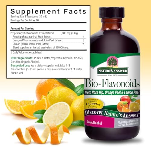 USA imported liquid bioflavonoids supplement packaging highlighting herbal ingredients.