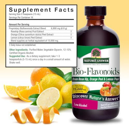 USA imported liquid bioflavonoids supplement packaging highlighting herbal ingredients.