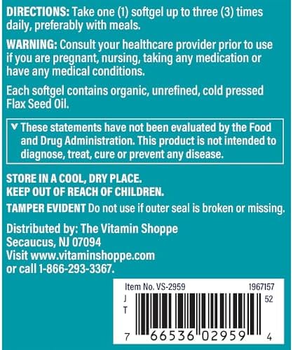 The Vitamin Shoppe organic omega 3 supplement bottle showcasing the allergen free certifications and unrefined formulation details.