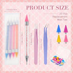 Tatuo 26 piece rhinestone applicator set laid out with twenty replacement tips and two stainless steel tweezers